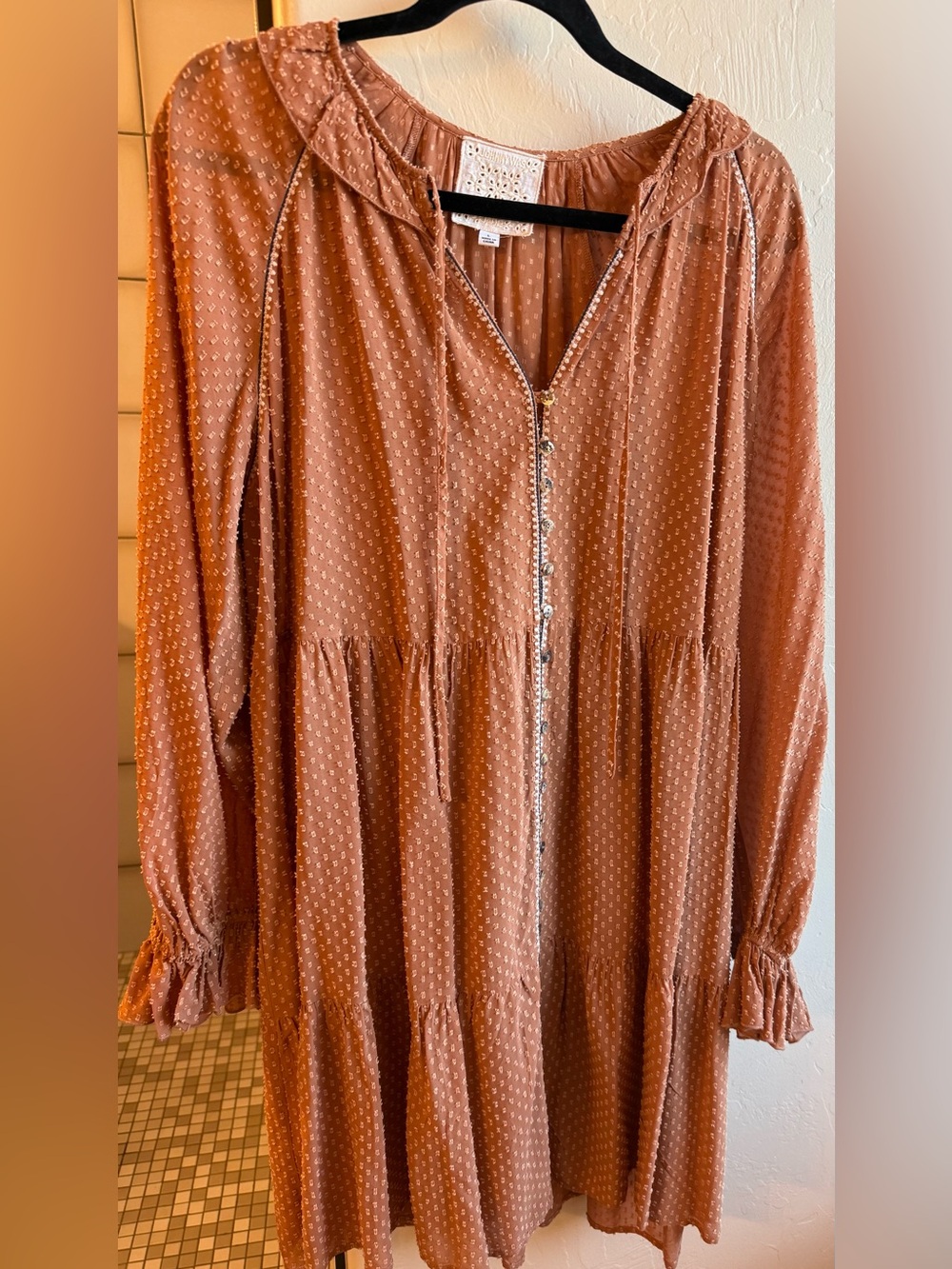 Johnny Was Rust Dot-Texture Long Sleeve Tiered Dress